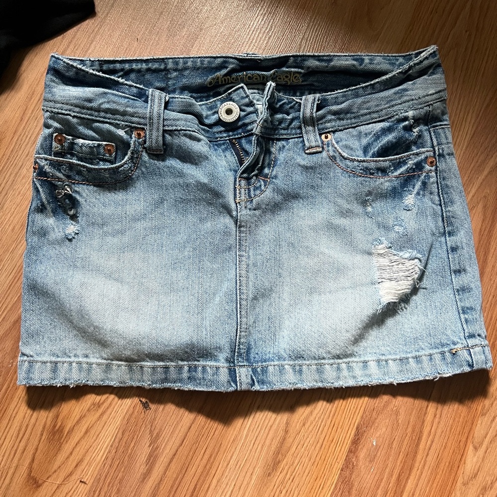 American Eagle Outfitters Light Blue Distressed Denim Mini Skirt